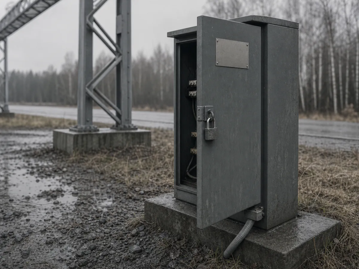 Придорожный шкаф оборудования весогабаритного комплекса с приоткрытой дверцей